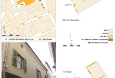 La parcelle du 16 rue de l'Aspic dans son environnement urbain, plan sur fond de cadastre actuel en haut &agrave; gauche et vue de la fa&ccedil;ade sur rue en bas &agrave; gauche. &Agrave; droite, plans de la maison au rez-de-chauss&eacute;e et au 1er &eacute;tage au moment de sa construction (XVe si&egrave;cle).&nbsp;Fond de plan Cabinet d'architecture Cr&eacute;gut-Duport, N&icirc;mes16 rue de l'Aspic, N&icirc;mes (Gard), 2020&nbsp;  &copy; Clich&eacute;, infographie, Odile Maufras sur fond de plan Cabinet d'architecture Cr&eacute;gut-Duport, N&icirc;mes