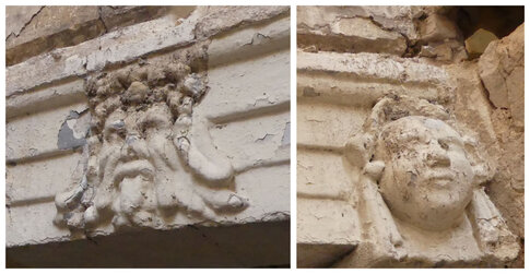 Deux des trois masques ornant l'entablement de support de la vo&ucirc;te de couverture de la loggia du 1er &eacute;tage, supportant le plancher de la loggia du 2e &eacute;tage.16 rue de l'Aspic, N&icirc;mes (Gard), 2020&nbsp;  &copy; Odile Maufras, Michel Piskorz, Inrap   