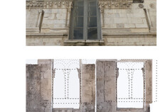 Détail des 4 grandes fenêtres géminées de style roman apportant une grande lumière à l'étage noble de la maison (le 1er étage). En haut et vus de l'extérieur, les vestiges des deux fenêtres de l'ouest dont le décor a été recomposé au XIXe siècle, lors de leur remplacement par des grandes baies rectangulaires.En bas et vue de l'intérieur, la maçonnerie des XIIe-XIIIe siècles recoupée par les grandes baies du XIXe siècle avec, en pointillés, la restitution des fenêtres d'origine (en trait épais, les formes des tableaux internes et en trait mince les formes de l'encadrement extérieur, avec arcs, colonnettes et chapiteaux).1 rue de la Madeleine, Maison romane, Nîmes (Gard), 2019 © Manon Inisan, Odile Maufras, Inrap
