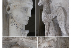 Quelques éléments du décor sculpté du 1er étage de la façade sur rue. Le calcaire utilisé, dur et très fin, a permis un dessin précis jusque dans les plus petits détails et une bonne conservation. On note le choix d'une pierre blanche et, pour les yeux des personnages et de plusieurs animaux, des incrustations de pierre verdâtre qui marque les pupilles.1 rue de la Madeleine, Maison romane, Nîmes (Gard), 2019 © Odile Maufras, Marie Rochette, Inrap