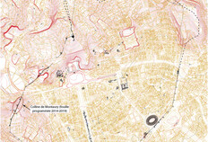 Plan g&eacute;n&eacute;ral de l'enceinte avec en pointill&eacute; gris, les anciennes propositions abandonn&eacute;es et en noir le trac&eacute; suppos&eacute; - localisation de la fouille programm&eacute;e de la colline de Montaury.  &copy; Richard Pell&eacute;, atlas topographique de N&icirc;mes