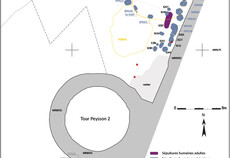 Plan g&eacute;n&eacute;ral des s&eacute;pultures de la phase 3 (IIe si&egrave;cle apr&egrave;s J.-C.) r&eacute;parties de part et d'autre de la tour Peysson 2.  &copy; Maxime Seguin, Richard Pell&eacute;, Inrap