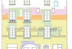 Les étapes de l'évolution de la façade sur rue de la Maison Romane du XIIe-XIIIe siècle à nos jours. Les couleurs correspondent aux dates de la maçonnerie des parements et des éléments sculptés. Les éléments du décor roman qui sont en place en place figurent donc de la couleur de l'état 1 de la construction, tandis que ceux qui ont été remaniés sont représentés avec la couleur des travaux du XIXe siècle. Fond de plan SARL NDA, Nîmes1 rue de la Madeleine, Maison romane, Nîmes (Gard), 2019 © Odile Maufras, Inrap