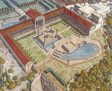 Aquarelle de Jean-Claude Golvin restituant l'Augusteum.  &copy; Jean-Claude Golvin (CNRS) 