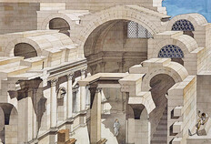 &Eacute;vocation axonom&eacute;trique du temple de Diane, vers 1868-1876, aquarelle d'Alphonse Simil (1841-1916), architecte des Monuments historiques.  &copy; Collection M&eacute;diath&egrave;que du patrimoine et de la photographie.