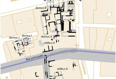 Plan des vestiges au Ier si&egrave;cle apr&egrave;s J.-C. sur la fouille de la ZAC des Halles en 1990.&nbsp;&nbsp;Zac des Halles, N&icirc;mes (Gard), 1990  &copy; Bertrand Houix, Inrap d'apr&egrave;s Martial Monteil