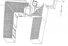 Restitution axonom&eacute;trique de la maison A au d&eacute;but du Ier si&egrave;cle.&nbsp;Les pi&egrave;ces sont r&eacute;parties en trois corps de b&acirc;timent autour d'une cour centrale vers o&ugrave; s'inclinent les toitures.&nbsp;Zac des Halles, N&icirc;mes (Gard), 1990  &copy; Anne Recolin, Inrap