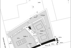 Plan des vestiges de la &laquo;&nbsp;schola des AGF&nbsp;&raquo;, au IIe si&egrave;cle apr&egrave;s J.-C.  L&eacute;gende&nbsp;: CN : canalisation, &eacute;gout. Sd&nbsp;: sondage.  Les A.G.F., 1 bis avenue Jean-Jaur&egrave;s, N&icirc;mes (Gard), 1984  &copy; Jean Pey, Mus&eacute;e Arch&eacute;ologique de N&icirc;mes, Martial Monteil, Nantes Universit&eacute;.