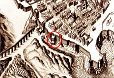 Fig 7. Le bastion des Dames au centre entre la tour Saint-Cannat et la porte d'Aix (détail du dessin à la plume d'Ercole Nigra 1591).