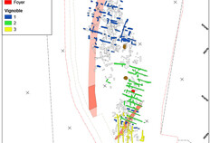 Plan diachronique de l'emprise de fouille avec une proposition de l'identification des trois vignobles.  &copy;&nbsp;DAO&nbsp; A. Cauvin ; topographie&nbsp; L. Valli&egrave;res, Inrap