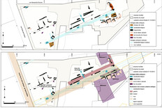 Plan des vestiges antiques b&acirc;tis mis au jour et restitution de la trame urbaine entre le Ier et le IIe si&egrave;cle apr&egrave;s J.-C.  Ier�IIe si&egrave;cles apr&egrave;s J.-C.  Rue Porte-de-France, &icirc;lot Saint-Joseph 3, Palais des Congr&egrave;s, N&icirc;mes (Gard), 2022.