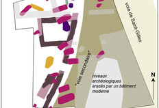 Plan g&eacute;n&eacute;ral des vestiges, toutes p&eacute;riodes (IIIe si&egrave;cle avant J.-C. - XIXe si&egrave;cle).  12 rue de Saint-Gilles, N&icirc;mes (Gard), 2014.  &copy; Marilyne Bovagne, Inrap