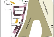 Plan de r&eacute;partition des vestiges antiques : l'enclos du Ier si&egrave;cle avec ses subdivisions et am&eacute;nagements divers ; les trois tombes datent de la fin du IIe-d&eacute;but du IIIe si&egrave;cle.  12 rue de Saint-Gilles, N&icirc;mes (Gard), 2014.  &copy; Marilyne Bovagne, Inrap