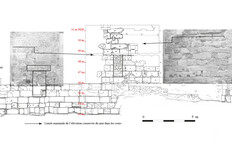Superposition des diff&eacute;rents relev&eacute;s de 1976, 2009 et 2014 du mur avec la hauteur maximale observ&eacute;e dans les deux cours adjacentes au b&acirc;ti moderne  33 rue de l'Aspic, N&icirc;mes (Gard), 2009 et 2014  &copy; Richard Pell&eacute;, Inrap