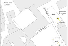 Plan des rares vestiges des domus et jardins antiques dans la trame restitu&eacute;e des rues. Fond de plan&nbsp;: cadastre 2004.  Place du Chapitre, N&icirc;mes (Gard), 2005  &copy; Odile Maufras, Inrap