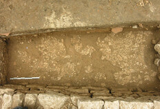 La couche de fragments d'enduit tomb&eacute;s au sol apr&egrave;s abandon de la domus du nord, ici recoup&eacute;e de toutes parts par des murs m&eacute;di&eacute;vaux entre lesquels elle a &eacute;t&eacute; conserv&eacute;e sur une petite surface. La position stratigraphique de cette d&eacute;molition, directement sur le niveau de construction, permet de restituer ici un plancher sur vide-sanitaire.  Place du Chapitre, N&icirc;mes (Gard), 2005  &copy; Christelle Noret, Inrap