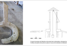 Les vestiges de la margelle circulaire et du couvrement du puits du XVe si&egrave;cle et leur restitution, en coupe, sur la partie souterraine, ant&eacute;rieure et quadrangulaire du puits.  Place du Chapitre, N&icirc;mes (Gard), 2005  &copy; Richard Pell&eacute;, Inrap
