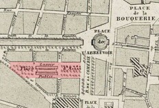 Plan de la ville de N&icirc;mes lev&eacute; par Antoine-Agricol Liotard, &eacute;dit&eacute; en 1842-1850. D&eacute;tail de la Place d'Assas et du lavoir.  &copy; Biblioth&egrave;que Nationale de France  
