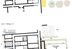 Plan des 1er (vers 30/40 apr&egrave;s J.-C.) et 2nd &eacute;tats (vers 70/80 apr&egrave;s J.-C.) de construction de la domus antique et de son jardin.  Cl&eacute;risseau, N&icirc;mes (Gard), 2008-2009  &copy; Philippe Cayn, Inrap