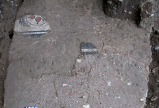 Sol mosa&iuml;qu&eacute; (opus scutulatum) compos&eacute; d'un d&eacute;cor de feuille d'acanthe et de bulbe trifide dans l'une des plus grandes pi&egrave;ces de la domus (2nd &eacute;tat de construction).  Cl&eacute;risseau, N&icirc;mes (Gard), 2008-2009  &copy; Julien Boisl&egrave;ve, Inrap