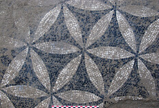 D&eacute;tail d'un sol mosa&iuml;qu&eacute; compos&eacute; d'un d&eacute;cor de cercles s&eacute;cants dans l'une des grandes pi&egrave;ces de la domus (2nd &eacute;tat de construction).  Cl&eacute;risseau, N&icirc;mes (Gard), 2008-2009  &copy; Julien Boisl&egrave;ve, Inrap