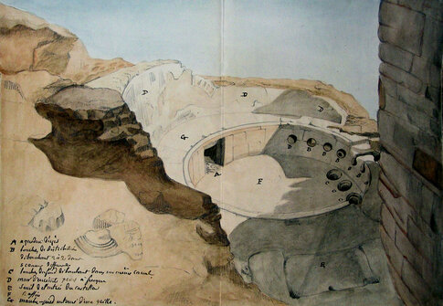 Vue perspective du Castellum par A. Pelet en 1844, dessin repris et modifi&eacute; par J. Salles, lithographie  Castellum Divisorium, N&icirc;mes (Gard)  &copy; M&eacute;moires de l'Acad&eacute;mie royale du Gard, 1945-1946, pl. VI 