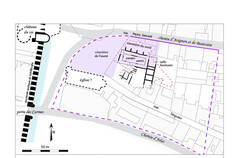 Restitution de l'enclos des Carmes de N&icirc;mes, de ses cimeti&egrave;res et hypoth&egrave;se de localisation de son &eacute;glise au Moyen &Acirc;ge (c. 1275-1567). Le plan propos&eacute; de l'&eacute;glise s'inspire d'une repr&eacute;sentation de 1559-1560, mais les dimensions sont sans fondement. Fond de plan&nbsp;: cadastre actuel.  Zac du Forum des Carmes � 5, N&icirc;mes (Gard), 2011  &copy; Robert Thernot, Antoine Farge, Odile Maufras, Inrap