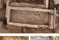 La tombe SP1219 et son coffrage &agrave; double caisson.  Restitution du double caisson, affect&eacute; au nord par l'installation de la cuve de la tombe SP1010 (no 1). Le fond du coffrage apr&egrave;s enl&egrave;vement de la cuve de la tombe SP1010 (no 2). L'encoche r&eacute;alis&eacute;e dans la paroi nord du coffrage SP1219 afin d'installer la cuve de la tombe SP1010 (no 3)  1 rue Guynemer, N&icirc;mes (Gard), 2016  &copy; Benjamin Thomas, Inrap