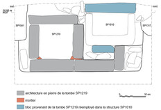 Coupe transversale de la tombe SP1219 et de son coffrage &agrave; double caisson dont la partie nord a &eacute;t&eacute; d&eacute;truite par l'installation d'une s&eacute;pulture post&eacute;rieure SP1010.&nbsp;&nbsp;  1 rue Guynemer, N&icirc;mes (Gard), 2016  &copy; Julie Grimaud et Benjamin Thomas, Inrap
