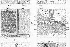 Plans de d&eacute;tail successifs des vestiges relev&eacute;s dans le sondage.  L&eacute;gendes&nbsp;:    A. D&eacute;tail de la cloison entre deux sols en b&eacute;ton d'&eacute;poque august&eacute;enne&nbsp;;    B. D&eacute;but du sondage faisant appara&icirc;tre le radier de fondation d'un sol en b&eacute;ton, &eacute;poque august&eacute;enne&nbsp;;    C. D&eacute;tail de la m&ecirc;me cloison entre deux sols en b&eacute;ton du Ier&nbsp;si&egrave;cle avant&nbsp;J.-C. ;    D. Mur et&nbsp;sol en terre battue du IIIe&nbsp;si&egrave;cle avant&nbsp;J.-C.&nbsp;;    E. Murs en pierres li&eacute;es &agrave; la terre (&eacute;tat du IVe&nbsp;si&egrave;cle avant&nbsp;J.-C.)&nbsp;;    F. Fond de cabane de plan circulaire, avec foyer construit et sol fait de petites dalles (&eacute;tat du Ve&nbsp;si&egrave;cle avant&nbsp;J.-C.).  &Eacute;cole Jean-Jaur&egrave;s, 14-16 avenue Jean-Jaur&egrave;s, N&icirc;mes (Gard), 1981  &copy; Pierre-Yves Genty, DRAC Languedoc-Roussillon, Service r&eacute;gional de l'Arch&eacute;ologie
