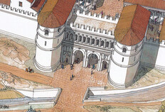 Restitution de la Porte d'Auguste. Ier si&egrave;cle apr&egrave;s J.-C.&nbsp;Compl&eacute;ment : &agrave; l'instar des tours fouill&eacute;es jusqu'&agrave; pr&eacute;sent (sur la colline de Montaury notamment), il est fort peu probable que les deux tours soient couvertes de tuiles. Elles pr&eacute;sentent sans doute un toit terrasse cern&eacute; d'un cr&eacute;nelage.La Porte d'Auguste (Gard).&nbsp;  &copy; Aquarelle de Jean-Claude Golvin. Portraits de N&icirc;mes antique ed. Errance & Picard, 2022.