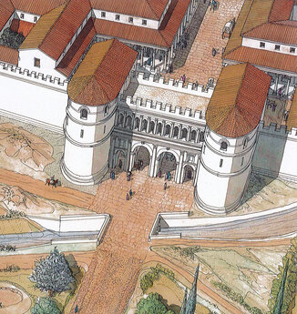 Restitution de la Porte d'Auguste. Ier si&egrave;cle apr&egrave;s J.-C.&nbsp;Compl&eacute;ment : &agrave; l'instar des tours fouill&eacute;es jusqu'&agrave; pr&eacute;sent (sur la colline de Montaury notamment), il est fort peu probable que les deux tours soient couvertes de tuiles. Elles pr&eacute;sentent sans doute un toit terrasse cern&eacute; d'un cr&eacute;nelage.La Porte d'Auguste (Gard).&nbsp;  &copy; Aquarelle de Jean-Claude Golvin. Portraits de N&icirc;mes antique ed. Errance & Picard, 2022. 