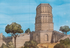 Restitution de la Tour Magne. Ier&nbsp;si&egrave;cle apr&egrave;s J.-C.La Tour Magne (Gard).  &copy; Aquarelle de Jean-Claude Golvin. Portraits de N&icirc;mes antique, ed. Errance & Picard, 2022. 