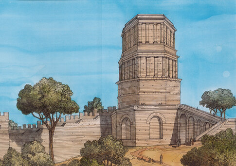 Restitution de la Tour Magne. Ier&nbsp;si&egrave;cle apr&egrave;s J.-C.La Tour Magne (Gard).  &copy; Aquarelle de Jean-Claude Golvin. Portraits de N&icirc;mes antique, ed. Errance & Picard, 2022.  