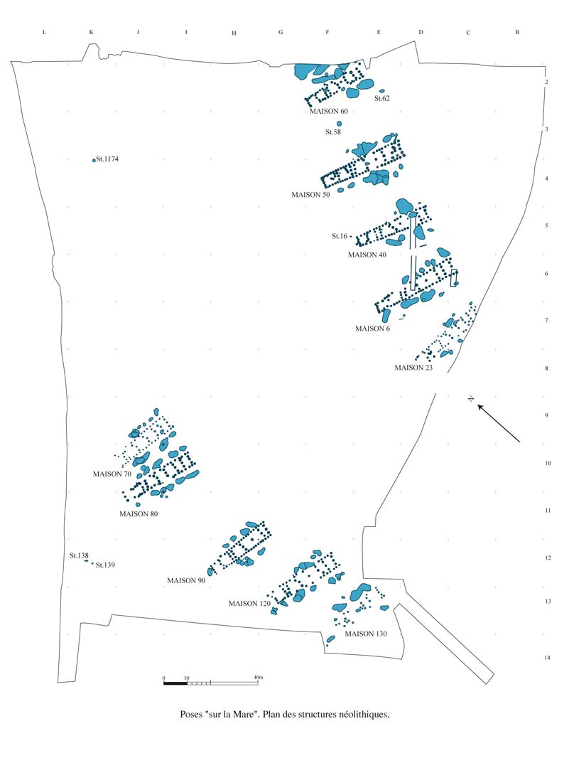 Le village du N&eacute;olithique ancien de Poses-sur-la-Mare (Eure), vers 4800 avant notre &egrave;re. Il comprend 10 maisons trap&eacute;zo&iuml;dales en bois et torchis.   &copy; F. Bostyn, Inrap 