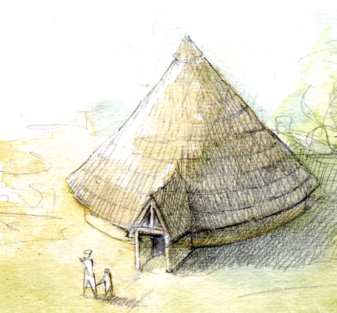 Esquisse d'un b&acirc;timent caract&eacute;ristique de la fin de l'&acirc;ge du Bronze (1150-800 avant notre &egrave;re) sur le littoral de la Manche.   Dessin L. Juhel, Inrap 